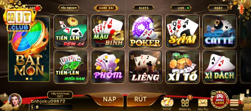 Game bài Hit Club nổi bật với kho trò chơi đa dạng